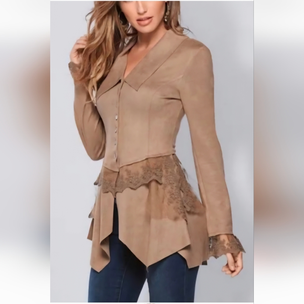 VENUS Tan Blazer with Lace Peplum and Asymmetrical Hem